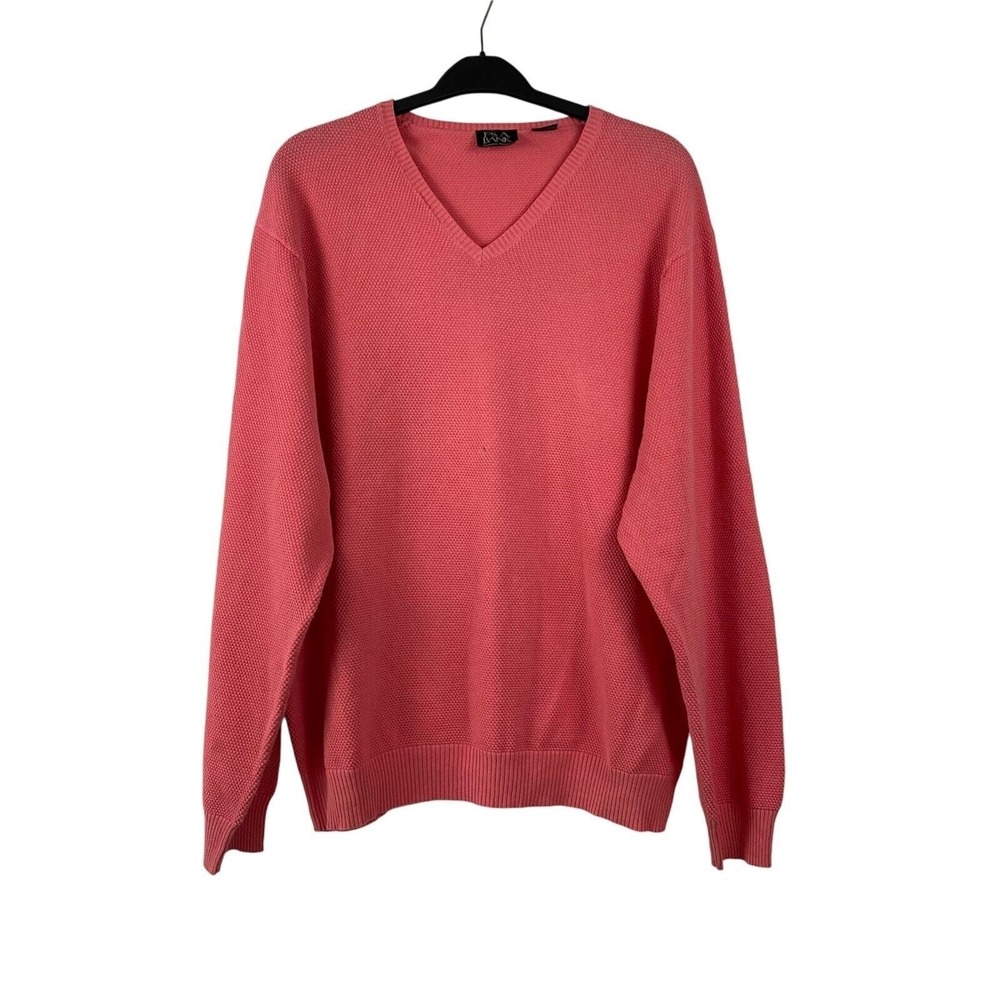 Jos.A Bank Signature Collection Mens XL V-Neck Cotton Sweater Coral Pink Waffle